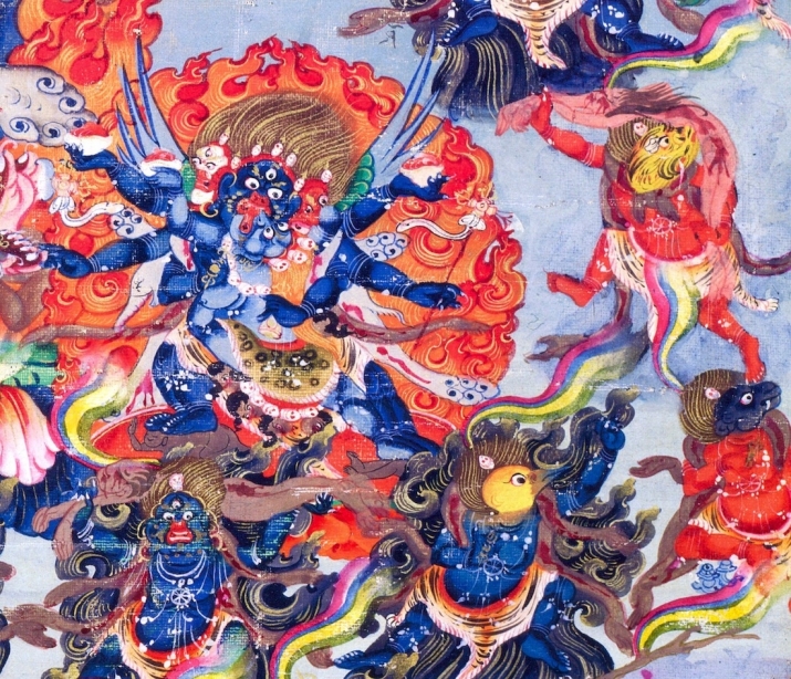 Wrathful deities and animal-headed <i>dakinis</i> that are prevalent during the 13th and 14th day of <i>bardo</i>. Detail from <i>58 Wrathful Deities</i>, painting, 20th century, Bhutan. Image courtesy of the Rubin Museum of Art, New York
