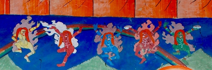 Wrathful <i>dakinis</i> appearing in the <i>bardo</i> intermediate state after death. <i>Bardo</i> mural, 19th century, Avalokiteshvara Temple, Lamayuru Monastery, Ladakh. Photo by Kaya Dorjay Angdus, 2010. Image courtesy of Kristin Blancke