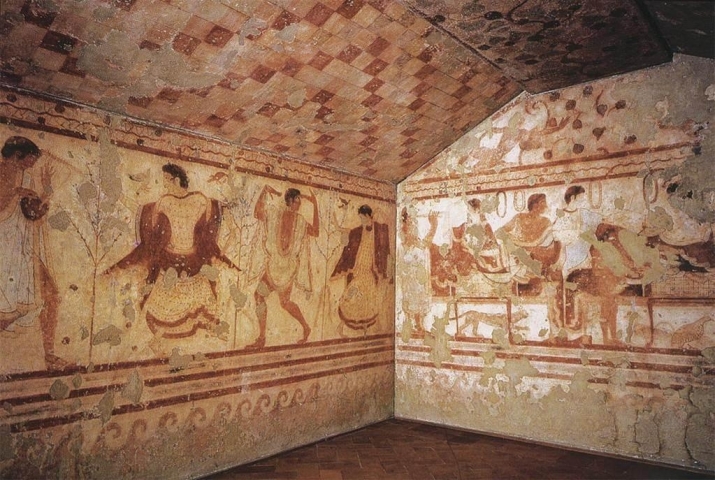 Dancers, musicians, and augurs perform during a feast, Tomb of the Triclium, Tarquinia, Italy. 470 BCE. Image courtesy of Emanuela Ghi
