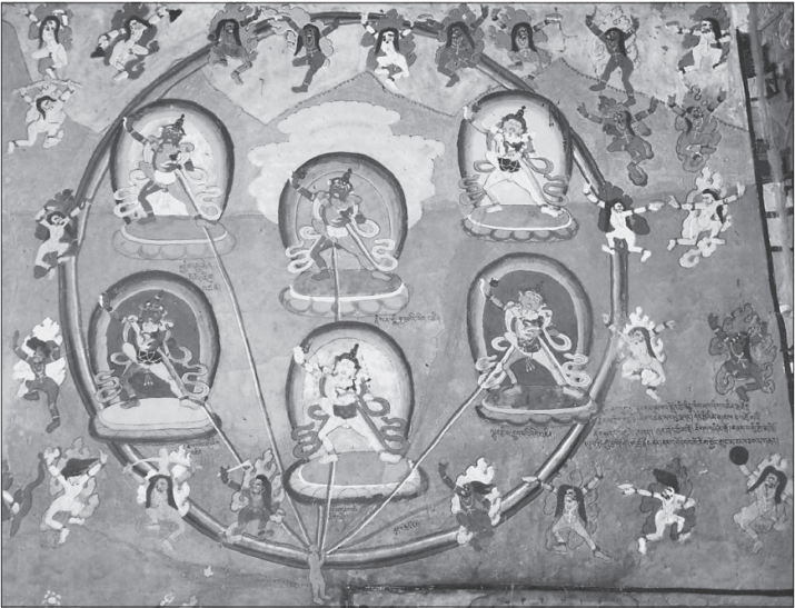 The same mural shown in black and white to reveal composition. The inscription reads: ‘‘On the seventh day from the Pure Land of Khechara, the <i>vidyadhara</i> deities come to meet [the deceased]. From the <i>vidyadharas</i> appear the five consorts and around them a numberless assembly of <i>dakinis</i> appears: those from the cemeteries, those of the four families, those of the three places, those of the 24 sacred places, along with male and female warriors, protectors and guardians.’’ Taken from <i>The Mirror</i>, No. 114, Jan-Feb 2012, p 11. Transcribed by Naomi Weitz