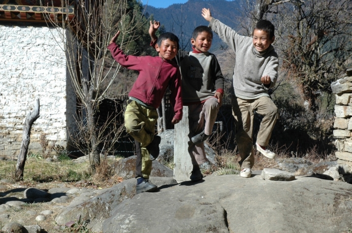 Children from the valley of Thangbi in Bhutan gladly show us how the <i>dakinis</i> dance. Photo by Gerard Houghton, 2005. From Core of Culture