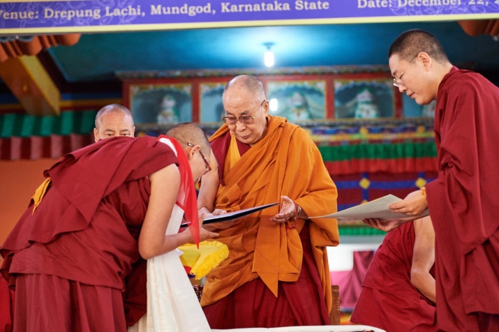His Holiness the Dalai Lama at the first geshema convocation. Image courtesy of Olivier Adam