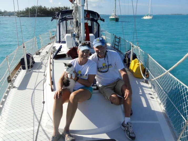 The fearless crew of <i>Wild Hair</i>— Heather with husband Dave and Dinghy-the-Sailor-Cat