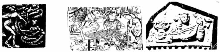 Indian-style <i>vinas</i>. From left to right: a <i>vina</i> in the Gupta period; a mural in Subashi Temple; and pottery figurine from the ancient kingdom of Khotan