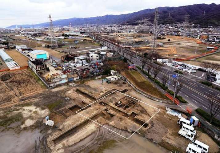 Foundations of a pagoda found earlier this year at Higashi-Yuge archeological site. From asahi.com
