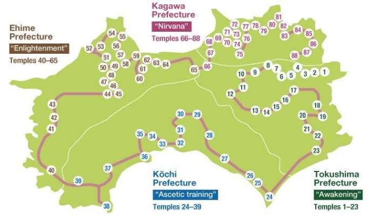 Map showing the pilgrimage route that takes in 88 temples. From randomwire.com