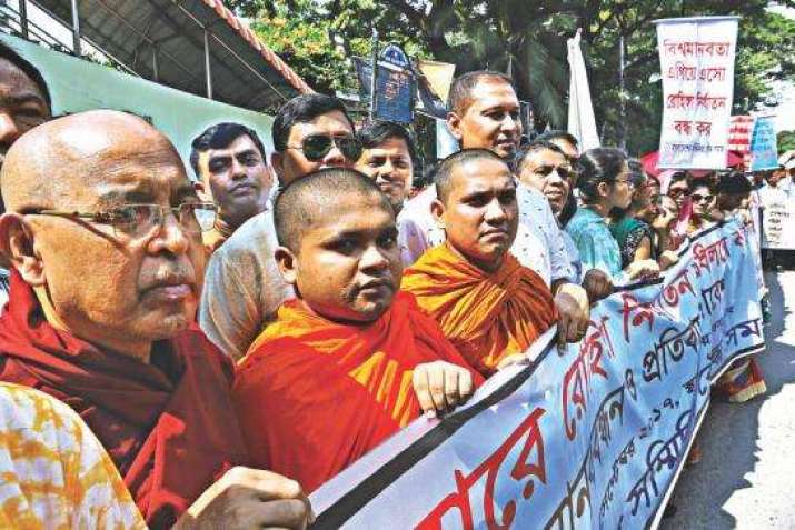 Buddhists in Bangladesh form a human chain in front of Jatiya Press Club. From thedailystar.net