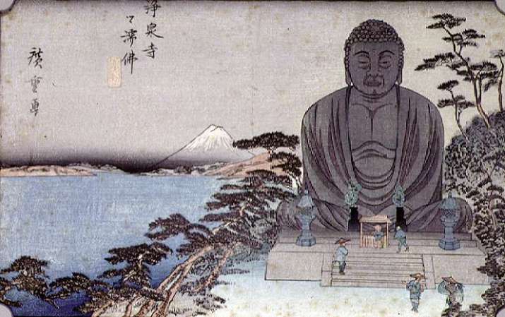 Ando Hiroshige: <i>An Exposed Buddhist Image of Josenji Temple, Great Buddha at Kamakura</i>, c. 1820–50. Woodblock print, 231.78 mm x 346.08 mm. Gift of Mrs. James W. Johnson, Scripps College, Claremont, California