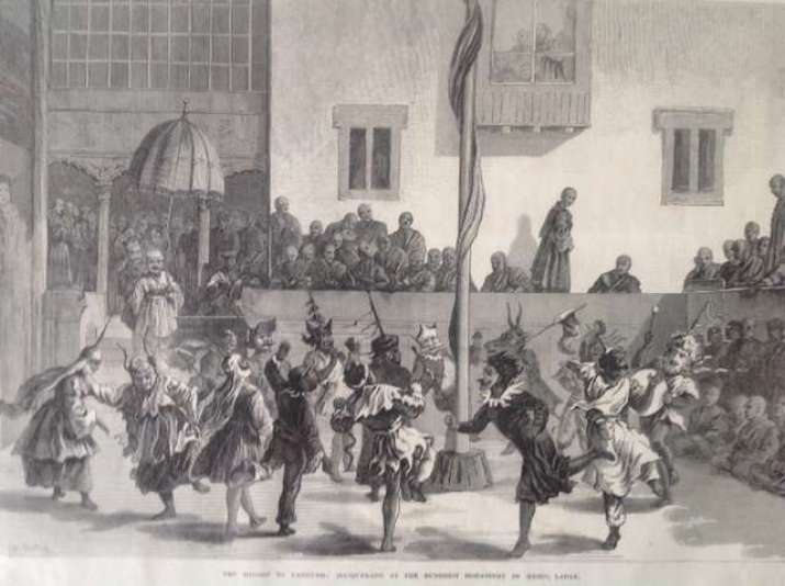 An engraving of the Hemis Monastery Cham festival, produced from a pencil drawing of the live event. 19th century, England. Courtesy of Hemis Monastery Museum. Nearly every aspect of the Cham dance is incorrectly recorded. That the Cham is circular is correct