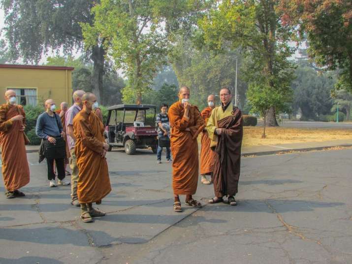 Monastics from Abhayagiri Monastery are welcomed at the City of Ten Thousand Buddhas. From abhayagiri.org
