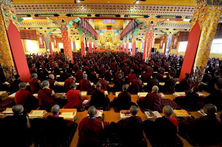 Monks gathered for the teaching. Image courtesy of Palpung Sherabling Media Center