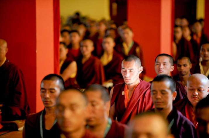 Monks gathered for the transmission. Image courtesy of Palpung Sherabling Media Center