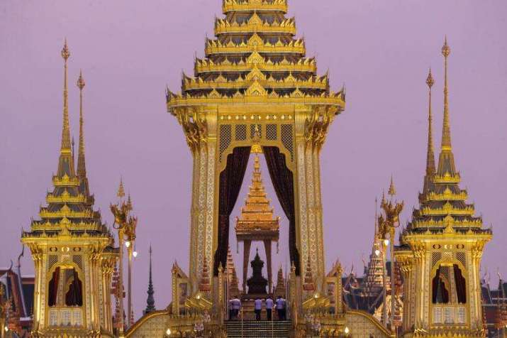 The royal urn is seen inside the ornate crematorium near the Grand Palace. From reuters.com