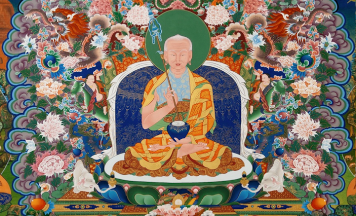 A mural of Mahapajapati Gotami as a Buddhist nuns at Dongyu Gatsal Ling Nunnery and Temple, by Tibetan artist-in-exile, Kalsang Damchoe and his assistants and students from the Kalsang Tibetan Traditional Art of Thangka Painting studio. From buddhistartnews.wordpress.com
