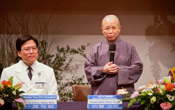 Ven. Chao Hwei, INEB patron and chair of the Religion and Culture Department of Taiwan’s Hsuan Chuang University, speaks at the forum on “Human Care and Environmental Protection with the Tzu Chi Buddhist Order” at Taipei Tzu Chi General Hospital. Photo by Craig Lewis