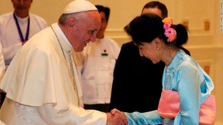 Pope Francis shakes hands with Aung San Suu Kyi at Naypyidaw on Tuesday. From cnn.com