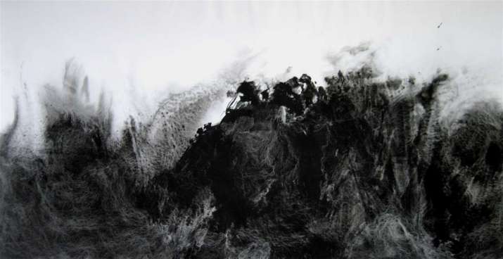 <i>Timeless Auras 617</i> by Yoshio Ikezaki, 2010. <i>Sumi</i> ink on Japanese paper, 35” x 67”. Image courtesy of the artist