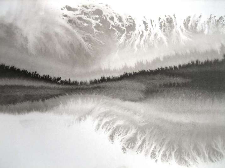 <i>Reflection of Stormy Sky 667</i> by Yoshio Ikezaki, 2015. <i>Sumi</i> ink on Western paper, 11” x 14-1/2”. Image courtesy of the artist