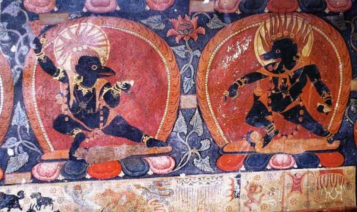 Dancing animal-headed attendants of Dakini Vajrvarahi. The dance movement is arrested in time, revealing the energy and nature of the deities. Demchog Temple, Tsaparang, 2008. From Core of Culture