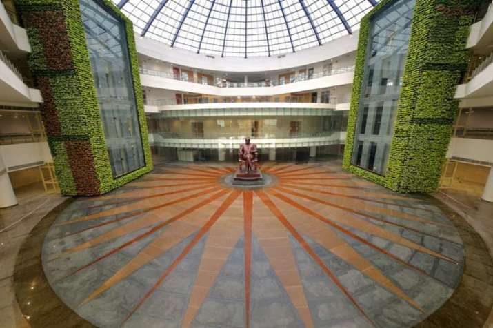 The main hall with a bronze statue of a seated Dr. Ambedkar. From financialexpress.com