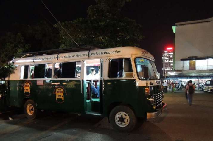 As night falls, the myMe buses can be seen in strategic locations on the streets of Yangon. Image courtesy of the author