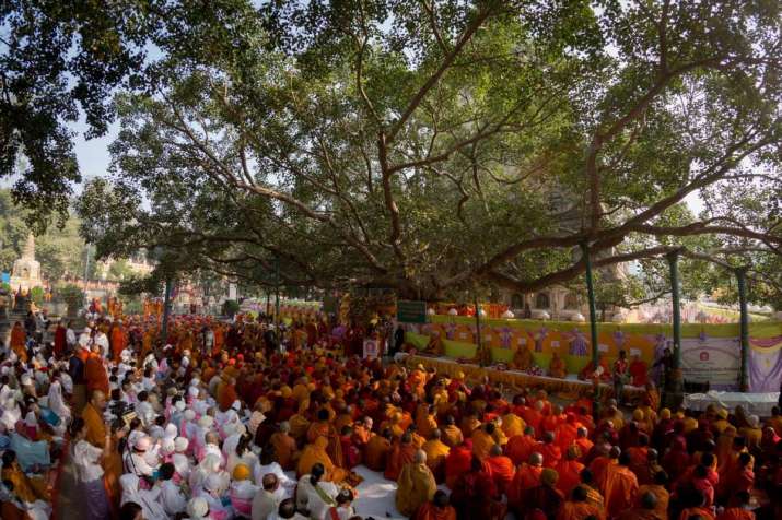 Monks and devotees chant under the Bodhi tree at Bodh Gaya. From facebook.com