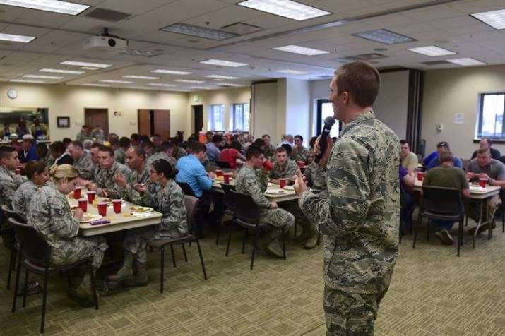 Brett Campbell giving a talk on mindfulness during Buckley Chapel’s monthly luncheon. Photo by A1C Jake Deatherage