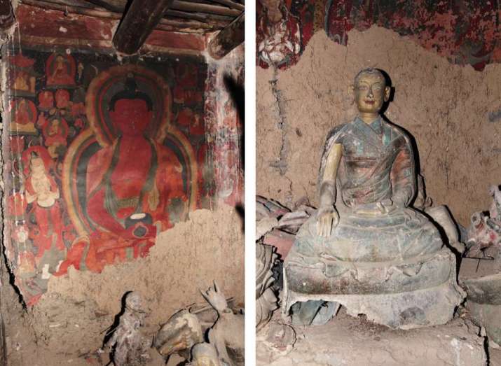 Wall painting of Amitayus, left, and sculpture of a master, right. Images Courtesy of Prof. Luo Wenhua