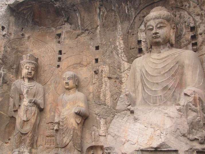 The Vairocana statue at the Longmen Grottoes, modeled after the central Buddha of the <i>Avatamsaka Sutra</i>, which honors Wu Zetian in its donative inscription. From wikimedia.org