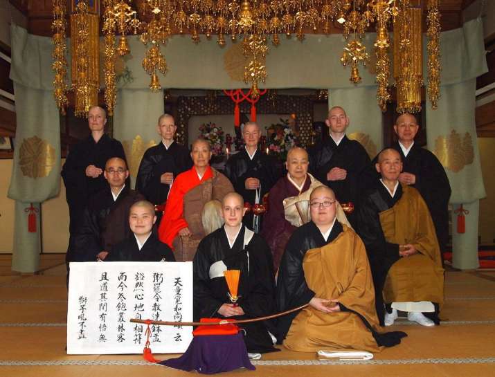 Gesshin Claire Greenwood at Aichi Senmon Niso-do, a training temple for Soto Zen nuns in Nagoya, after her <i>hossenshiki</i> (head monk) ceremony in 2013. Image courtesy of Gesshin Claire Greenwood