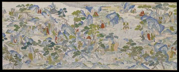 <i>The Five Hundred Lohans</i>, Qing dynasty, Qianlong period, 1736–95. Silk brocade with pigments. Image courtesy Minneapolis Institute of Art