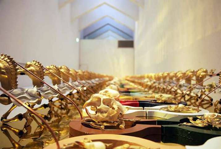 <i>108 guardians Golden Daidara</i>. Epoxy resin, wood, metal, aluminum composite panels. Image courtesy of the artist