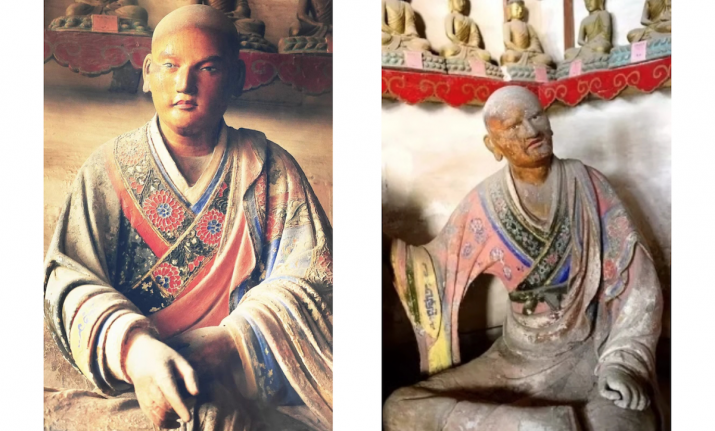 The Hall of One Thousand Buddhas preserves polychrome clay sculptures of 40 <i>luohans</i>. Shown here are Śāriputra and SenglangI dated to 1066. Image courtesy of Lingyan Monastery
