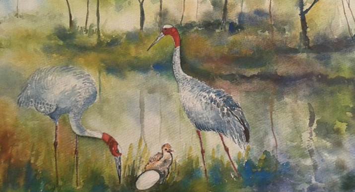 Painting of a pair of Sarus cranes with their chick. Image courtesy of the Lumbini Social Service Foundation