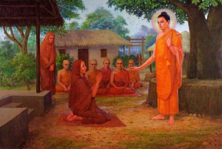 Mahaprajapati pleading with the Buddha to let women enter the order. From nalanda.org.my