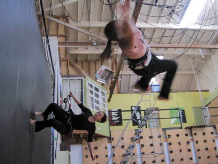 Flying off the Trampoline Wall, Bandaloop Workshop, Oakland CA 2013. Image courtesy of author
