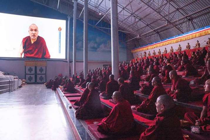 The Karmapa speaks at the Kagyu Monlam on Monday. From kagyumonlam.org