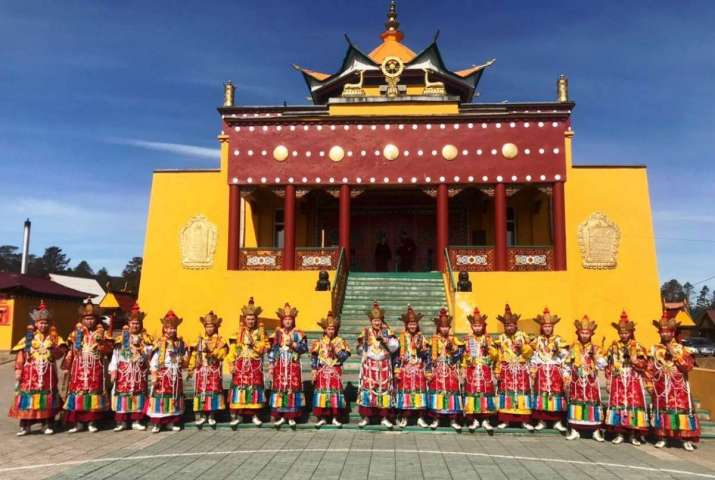 <i>Cham</i> performers in front of the Kalachakra Temple in Ulan-Ude. From facebook.com