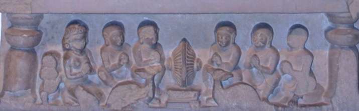 Lay female donors and monastic donors at the base of the <i>Preaching Buddha (First Sermon)</i>, c. buff sandstone, fifth century, ASI Site Museum. From quod.lib.umich.edu