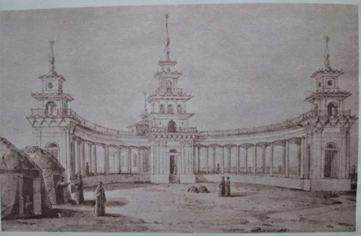The main <i>süme</i> of Khosheutovskii Khurul, drawn by N. G. Chernetsov in 1838. Image courtesy of Valeria Gazizova