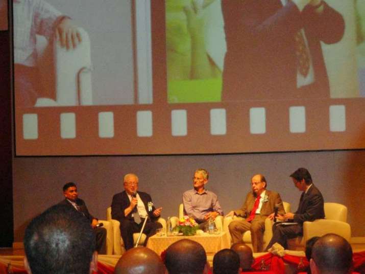 Dr. G. R. Somaratne, far left, with speakers at the conference on the Dhammachai Tipitaka Project at the Science Park Convention Center, 23 February 2013. Image courtesy of Ashin Pannasiri