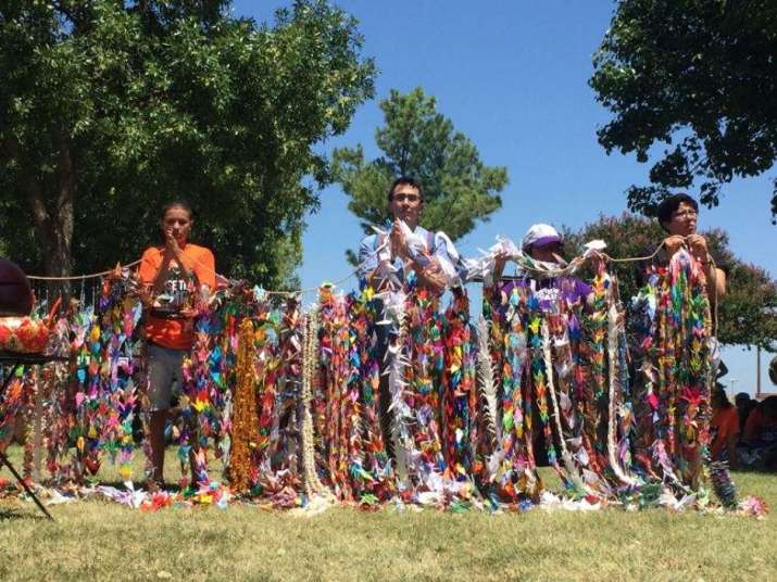 Some of the paper cranes at the 20 July rally at Shepler Square Park. Photo by Evan Kodani
