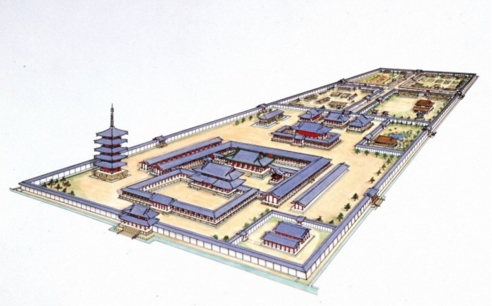 Artist’s impression of how the Sai-ji complex appeared during the Heian period. The lecture hall is the largest of the four buildings in the center. From mainichi.jp