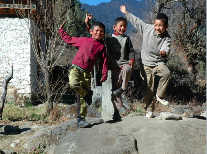 Local boys in the village of Thangbi, Bhutan, demonstrate the apparently well known “<i>dakini</i> dance.” 2007. Photo by Gerard Houghton for Core of Culture