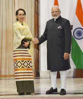 Indian prime minister Narendra Modi meeting Aung San Suu Kyi in New Delhi on 24 January 2018. From wikipedia.org