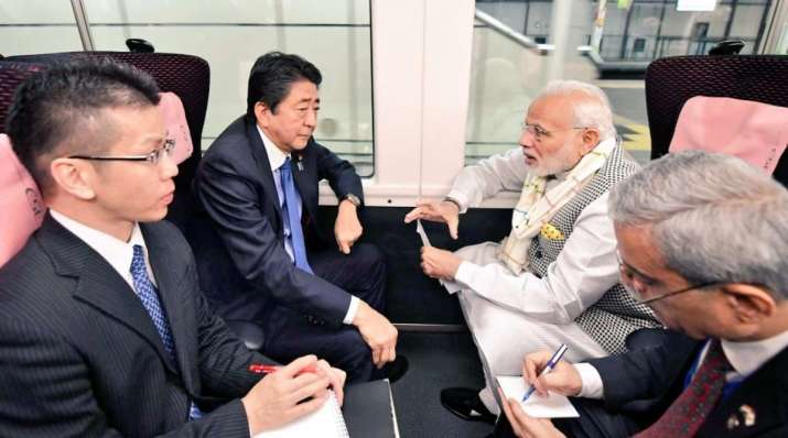Abe and Modi on an express train from Yamanashi to Tokyo on 25 October 2018. From thestatesman.com
