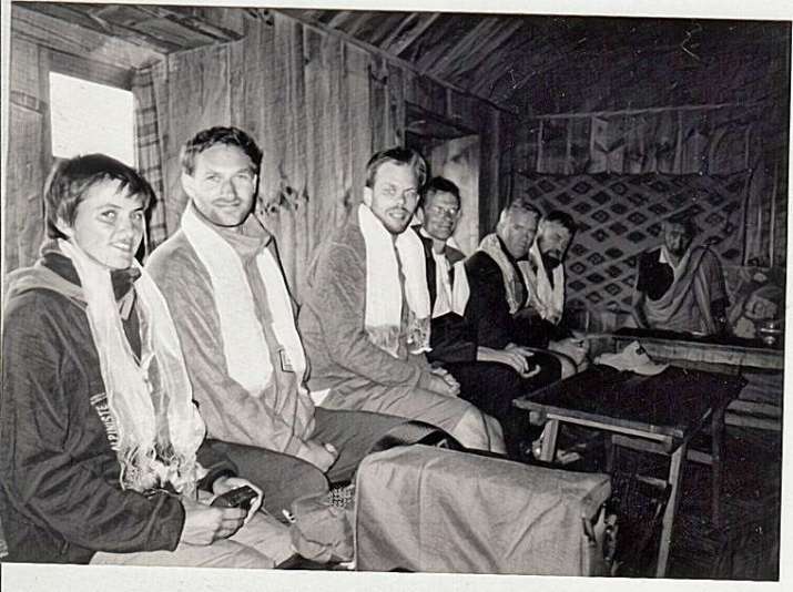 Everest climbers receive blessings from Ngawang Tenzing Jangpo. From left: Ginette Harrison, Sir David Hempleman-Adams, David Callaway, Scott McIvor, Lee Nobmann, Brian Blessed. From wikipedia.org