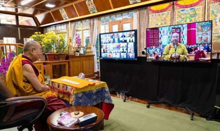 Telo Tulku Rinpoche welcomes His Holiness the Dalai Lama at the beginning of the virtual teaching. Photo by Ven. Tenzin Jamphel. From dalailama.com