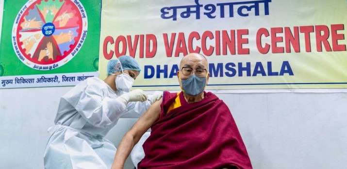 His Holiness the Dalai Lama receives his first COVID-19 vaccine dose at Zonal Hospital, Dharamsala. From dalailama.com