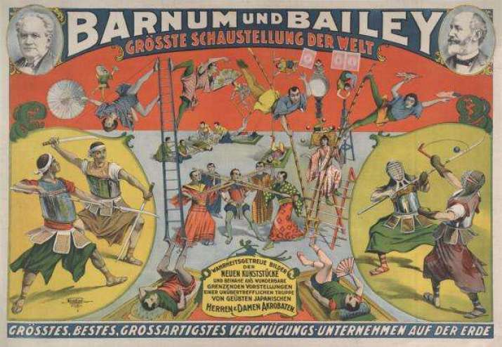 Turn-of-the-century circus poster, German tour of the Barnum & Bailey Circus. This American circus spectacular was comprised of Chinese martial artist entertainers. Artist unknown. Image courtesy of Joseph Svinth